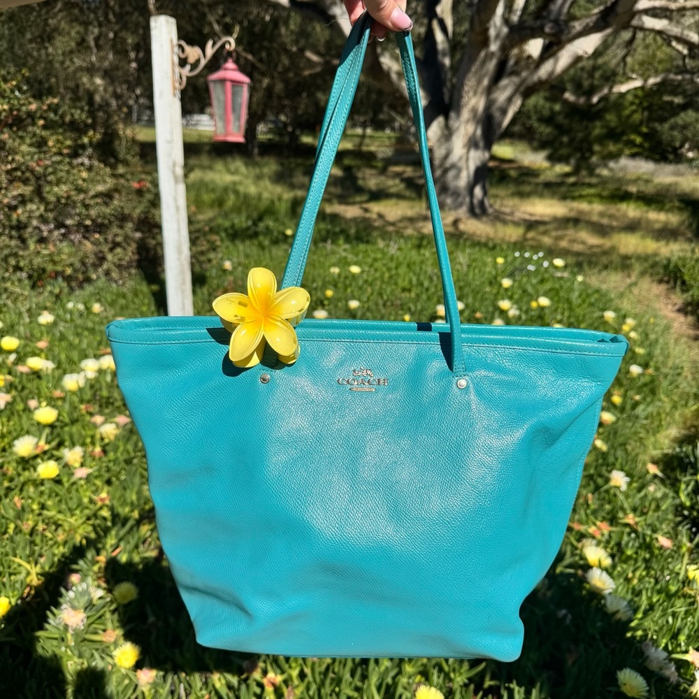 [SOLD] Coach Teal Pebbled Leather Street Zip Tote & Plumeria Clip Bundle